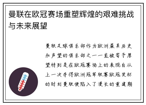 曼联在欧冠赛场重塑辉煌的艰难挑战与未来展望