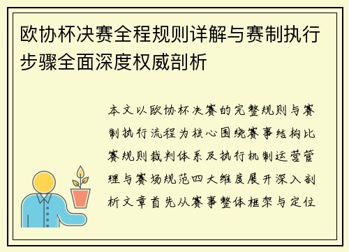 欧协杯决赛全程规则详解与赛制执行步骤全面深度权威剖析